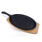 CAST IRON SIZZLE PLATTER W/ WOOD TRAY