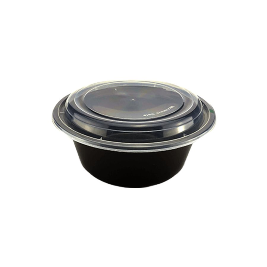 Conteneur Rond Robuste Noir 48 oz. , Avec Couvercle Transparent, (50/PQT)