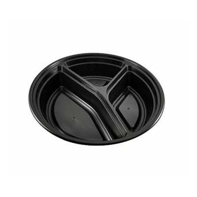 Black Round Microwavable Container 9" , 3 Compartment, With Clear Lid, (75/PK)